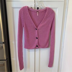 Free People Pink Ribbed V-Neck Button Cardigan